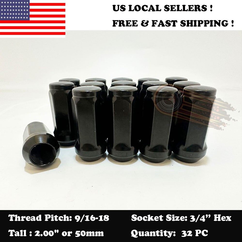 32 Black Bulge Acorn 2'' tall Lug Nuts 9/16-18 For 1994-2011 Dodge Ram 2500 3500