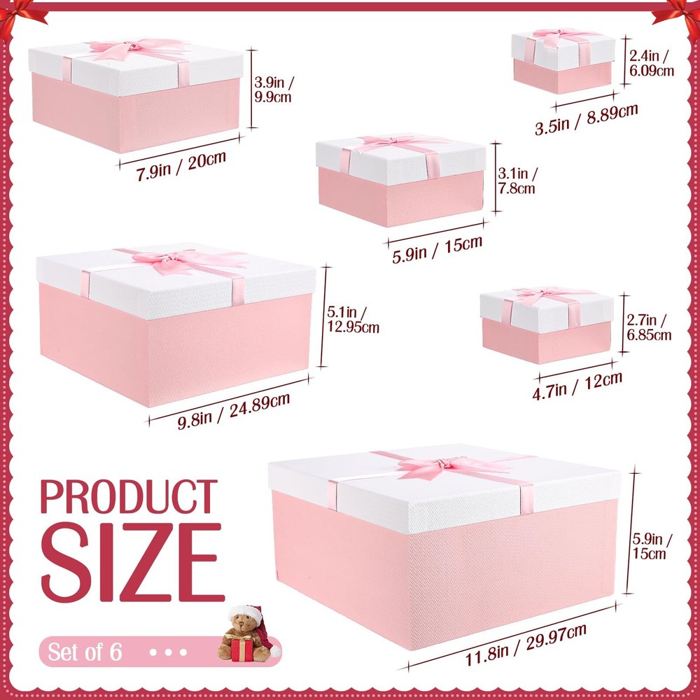 Large Nesting Gift Boxes with Lid Ribbon Square Pink 6 Pack 6 Sizes