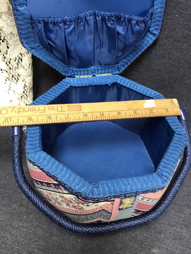 Vintage 1980’s Era Sewing Basket With Blue Patchwork Outside - Solid Blue Insi