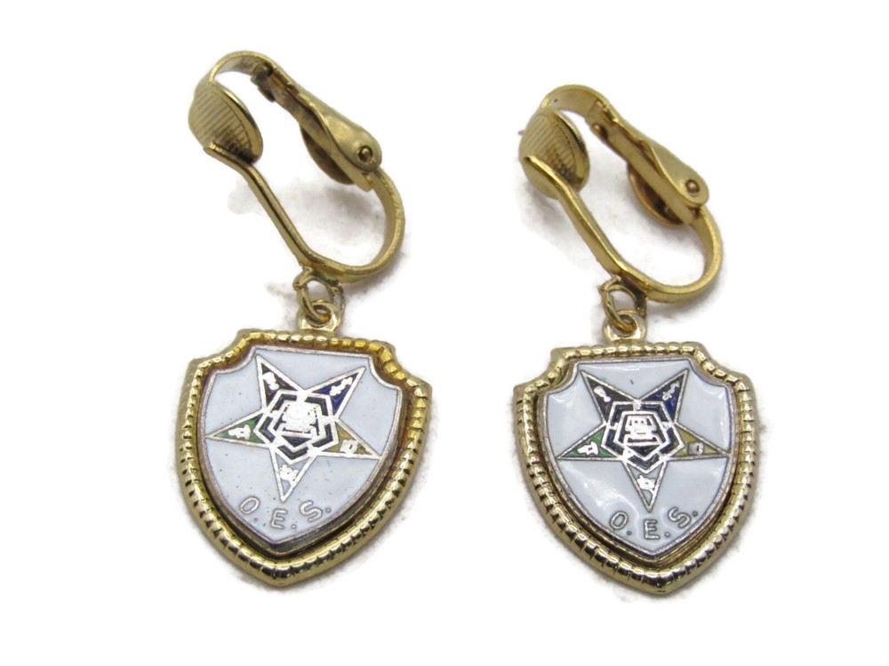 O.E.S. Lettered Crest Earring Set White & Gold Tone