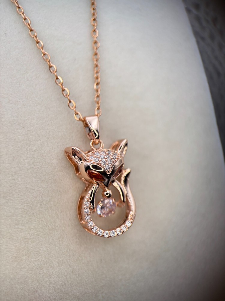 Fifth Ave Rose Gold Rhinestone Cat or Fox Ruby Pendant Necklace