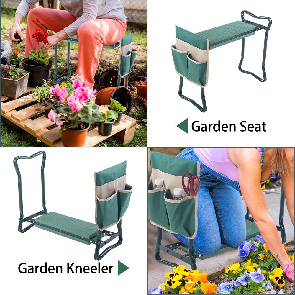 Dual Function Folding Garden Kneeler Stool with Tool Bag and Soft Cushion Pad
