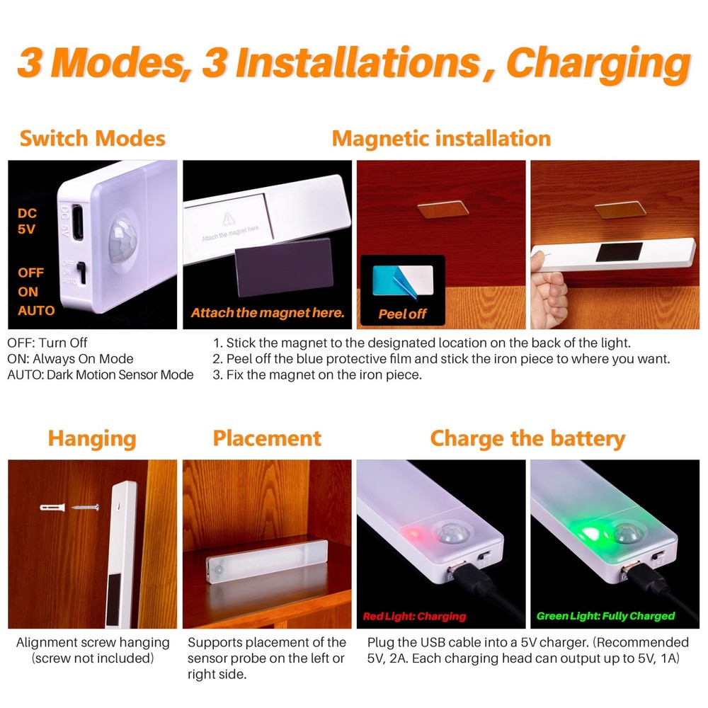 Under Cabinet Lighting Rechargeable, 8 inch Motion Sensor Lights Indoor Batte...