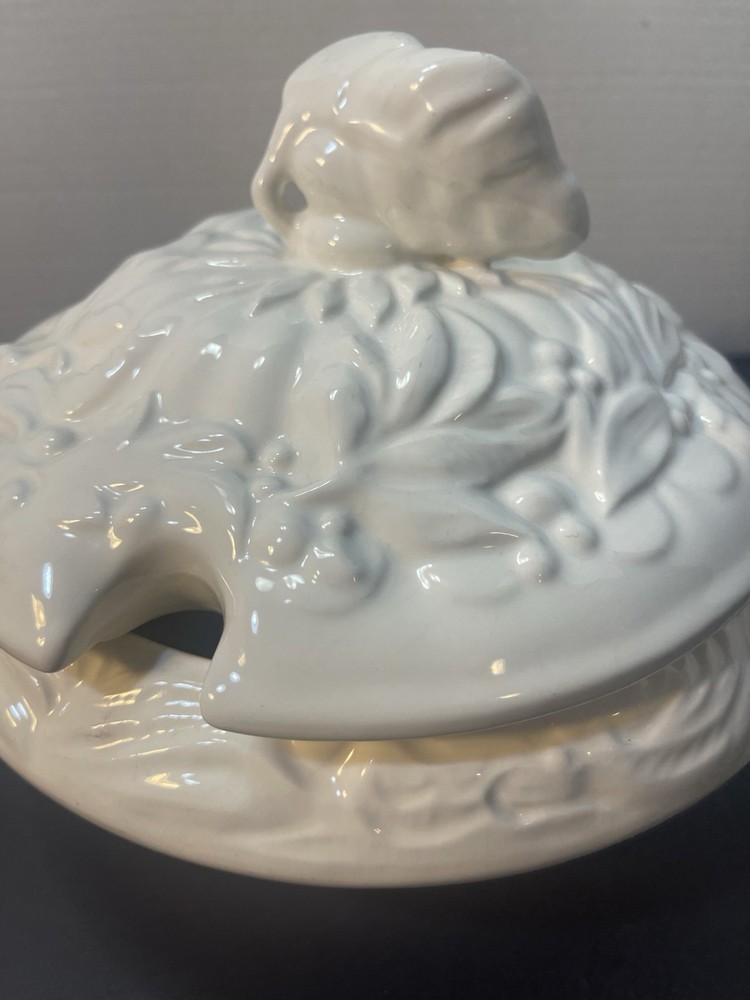 White Ceramic Covered Dish Bunny Knob Lid Easter Spring Serving Bowl Decor