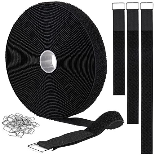 1"x32ft Hook and Loop Straps with 50 Metal Buckles, Adjustable 1in x 32ft Black