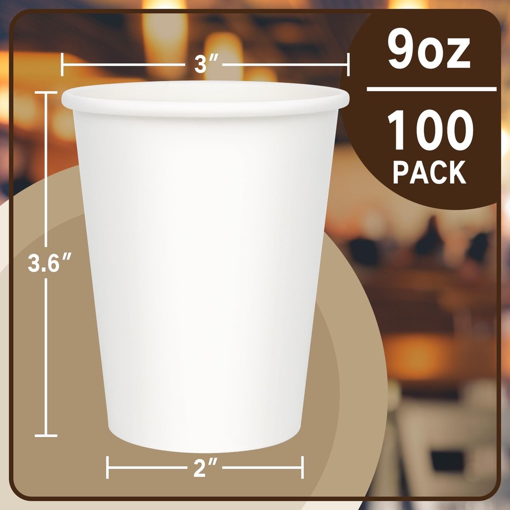 100 Pack 9 oz Disposable Coffee Cups, White Drinking Cup for Hot/Cold Beverag...