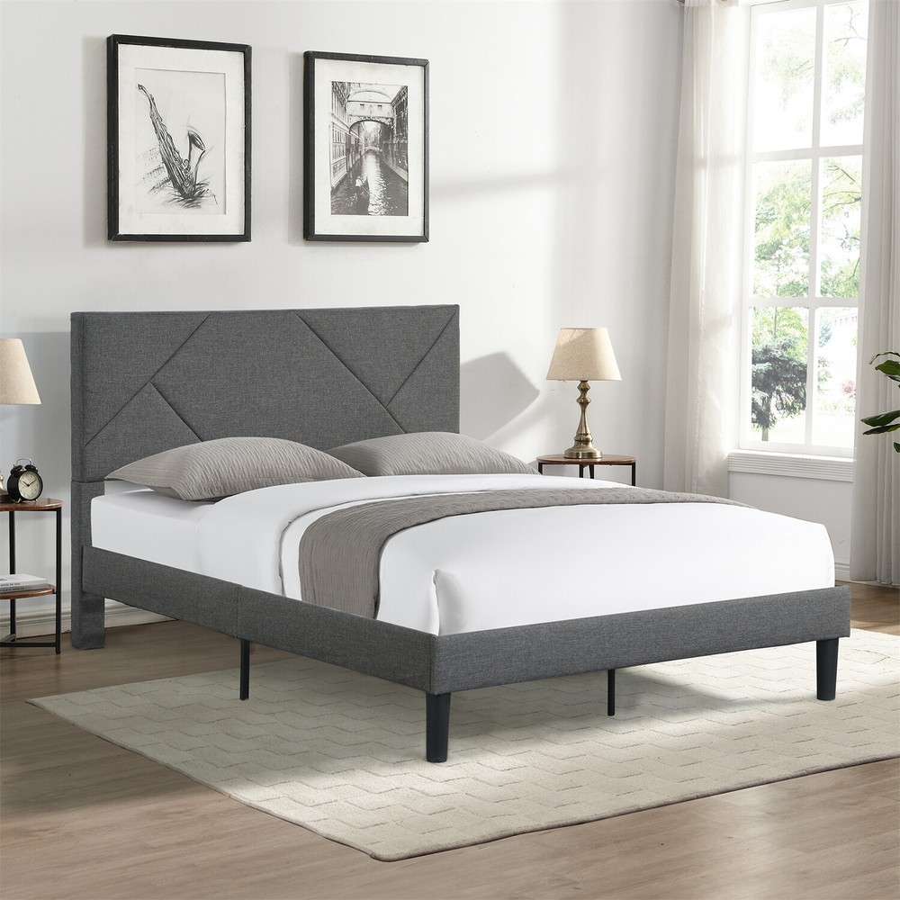 Queen Size Bed Frame Upholstered Platform Bed Frame w/ Upholstered Headboard New