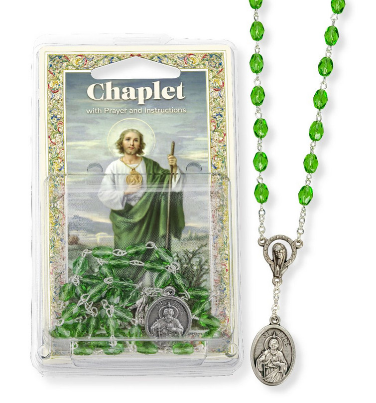 Saint Jude Chaplet Rosary, Clam Shell Box with Prayer Card, 11" ,