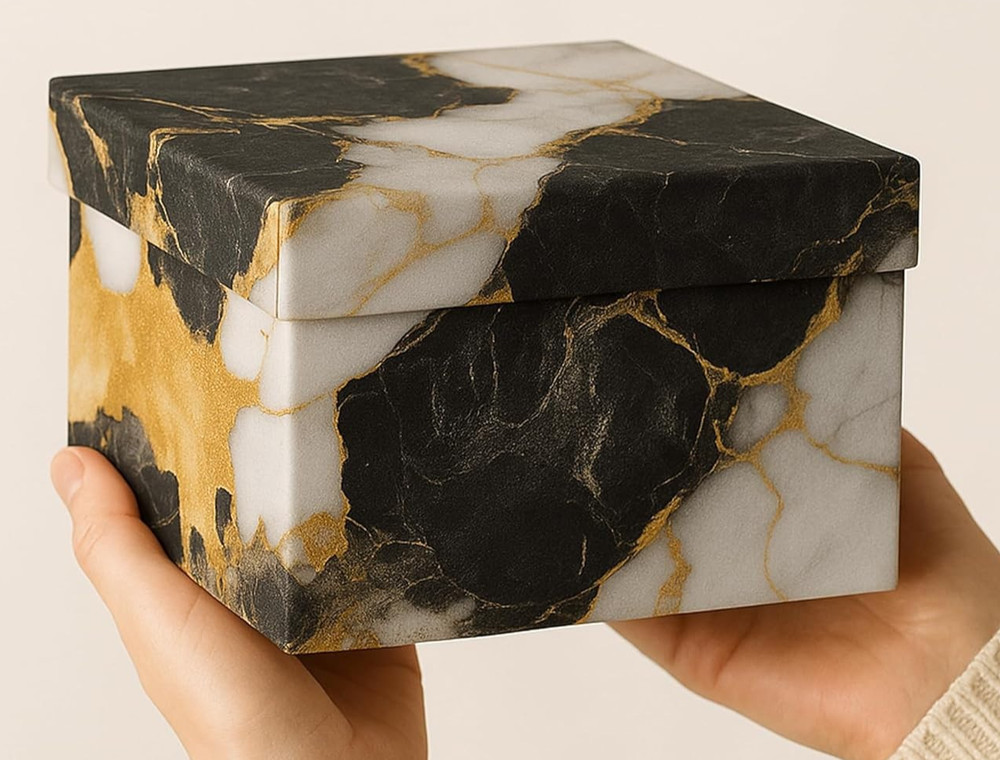 4 PC SET - Square Gift Boxes with Lids, Gold Black & White Marble, Nested Boxes