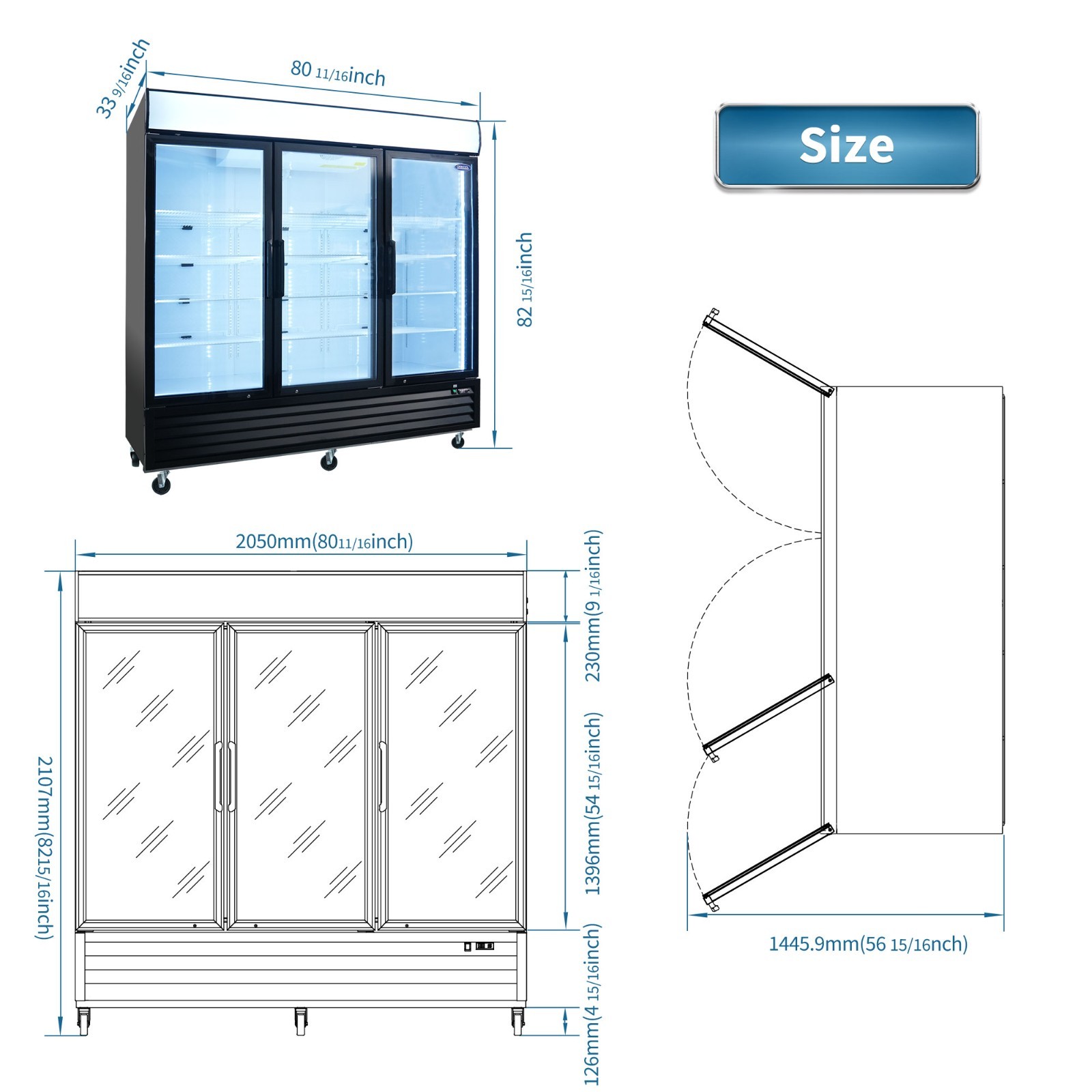 Commercial Glass Door Freezer Reach in Display Merchandiser 3 Section Restaurant