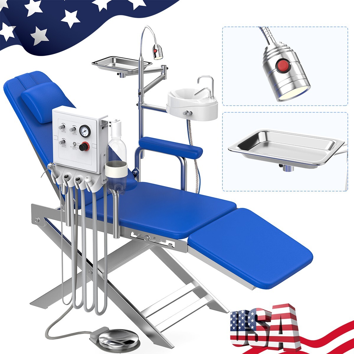 Silla plegable móvil dental portátil+unidad de turbina+lámpara LED+bandeja
