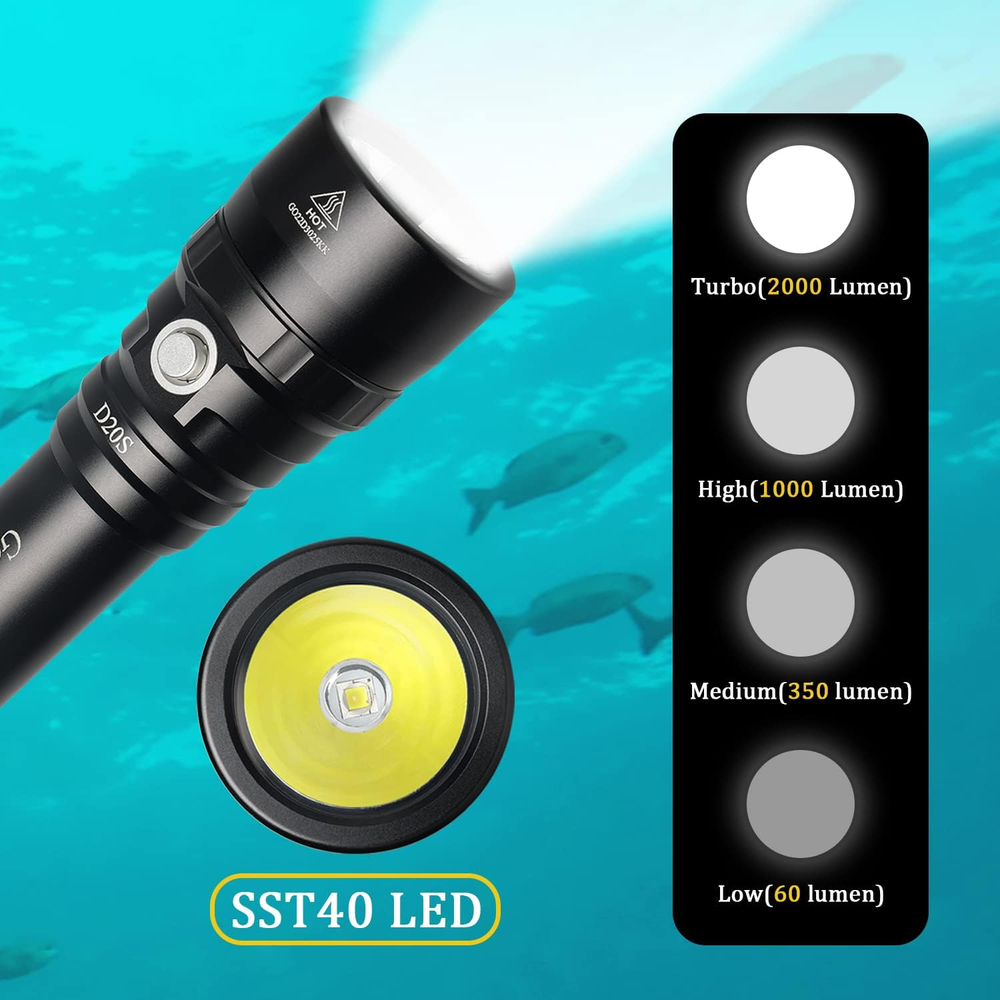 Dive Light, D20S 2000 Lumen Super Bright Scuba Diving Flashlight, Rechargeable D