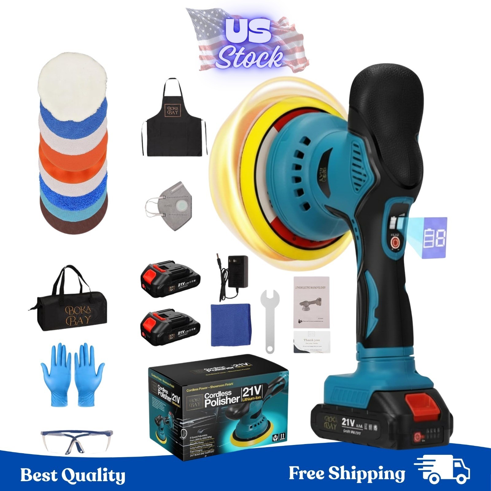 Cordless Car Buffer Polisher Kit 6 Inch with 21V 2x2000mAh & 9 Pcs Attachments