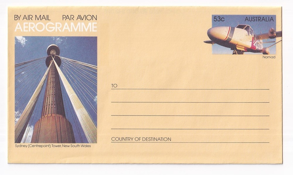 STAMP AUSTRALIA AEROGRAMME AIRMAIL "SYDNEY TOWER" 53 CENT ENVELOPE