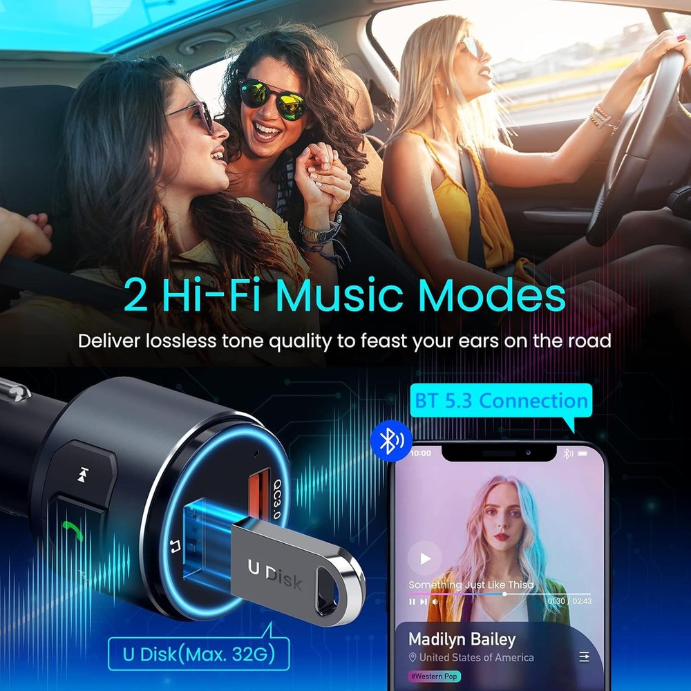 Upgraded V5.3 FM Bluetooth Transmitter, Car Adapter QC3.0 & Black