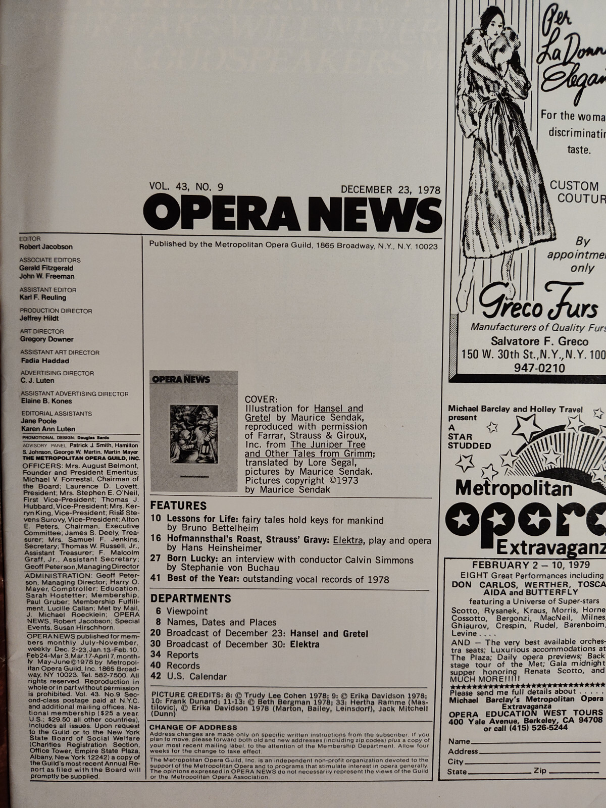 Rare MET OPERA NEWS December 23 1978 Hansel Gretel Maurice Sendak Calvin Simmons