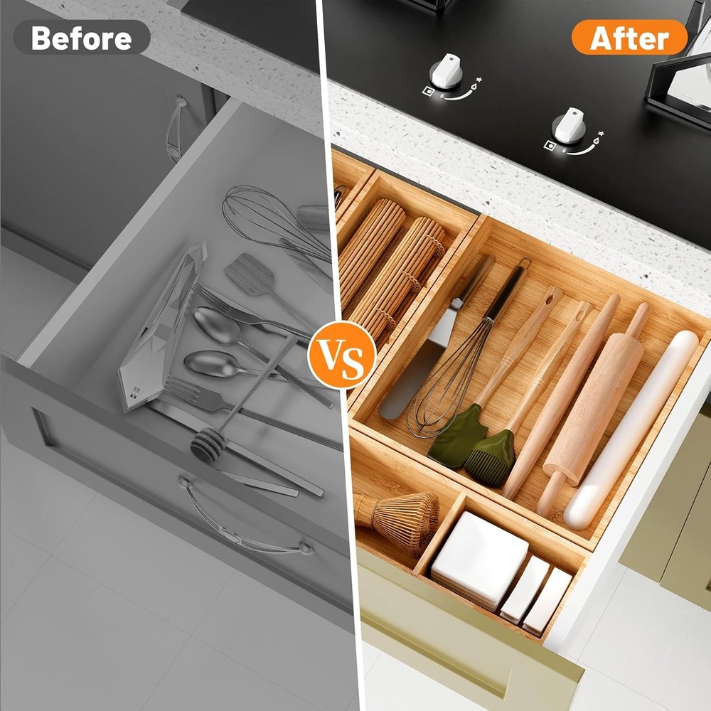SpaceWhisper 5-Piece Bamboo Drawer Organizer, Stackable Storage for Kitchen,