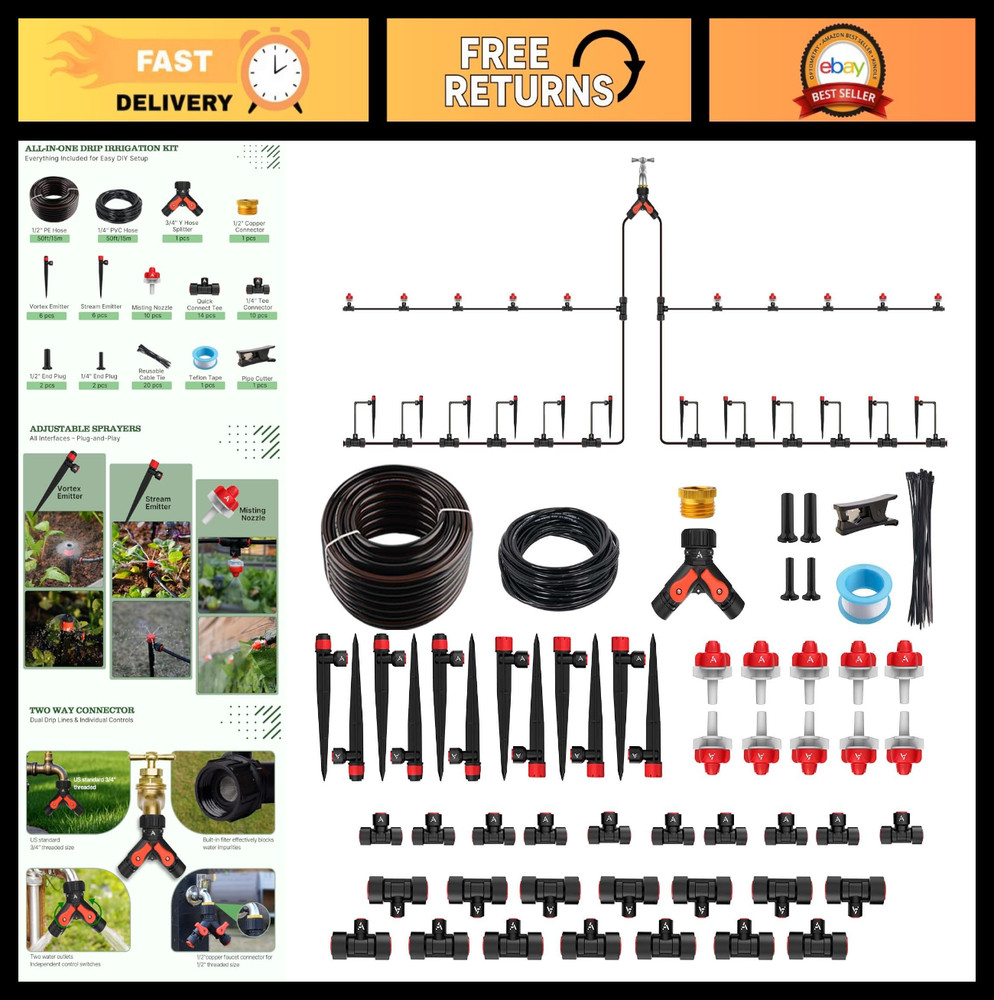 100FT Drip Irrigation Kit - All-in-One Quick-Connect System, 22 Adjustable Emitt