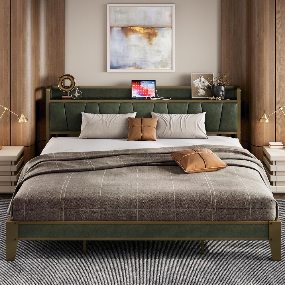 King Bed Frame, Storage Headboard with Charging Station, Solid and Stable, No...