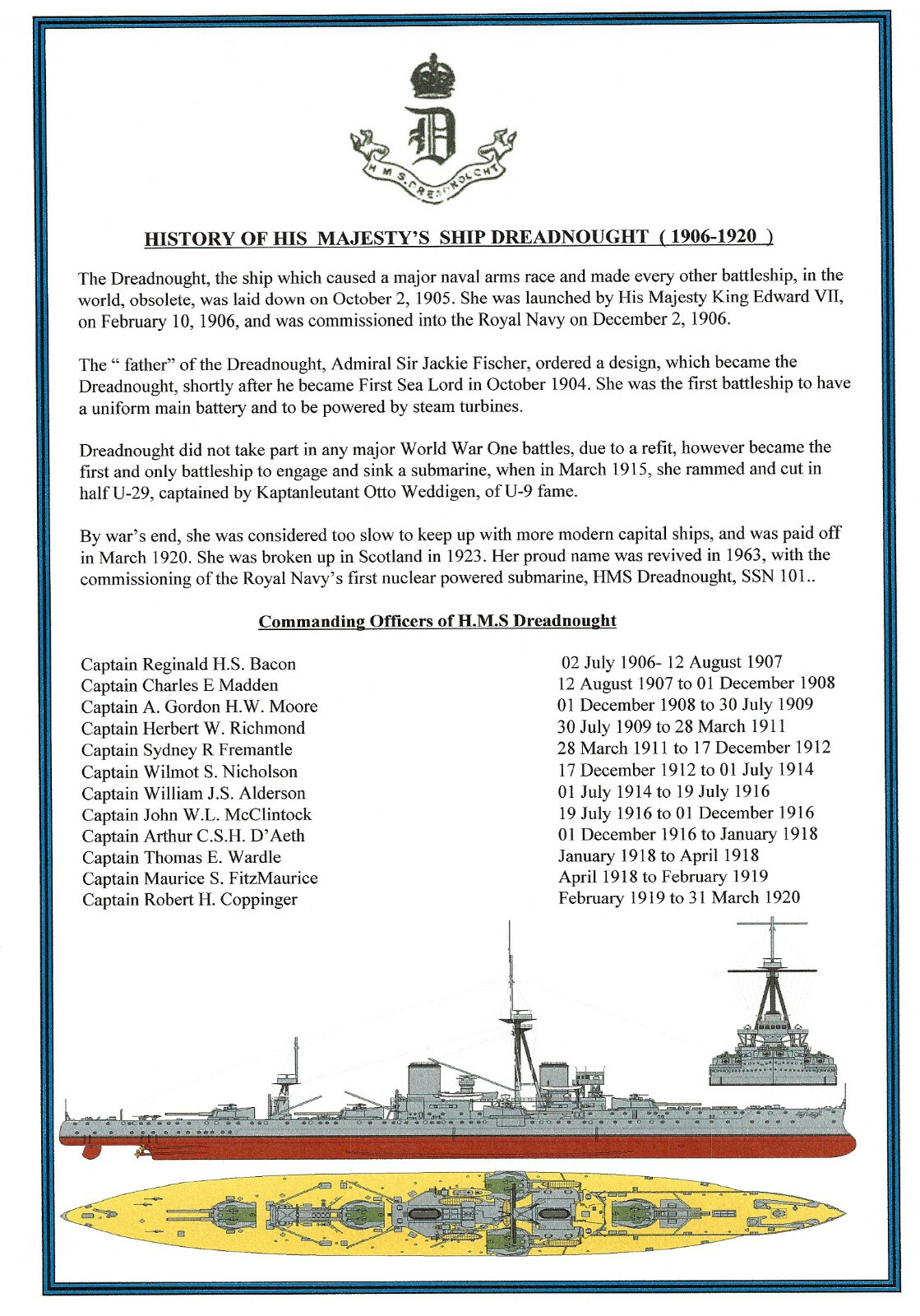 ROYAL NAVY BATTLESHIP HMS DREADNOUGHT WITH STATS AND HISTORY SHEET