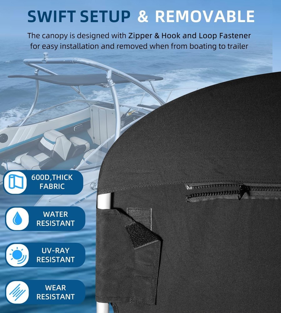 Universal Wakeboard Tower Mounted Flat Cargo Bimini Top Cover 600D Canvas Frame