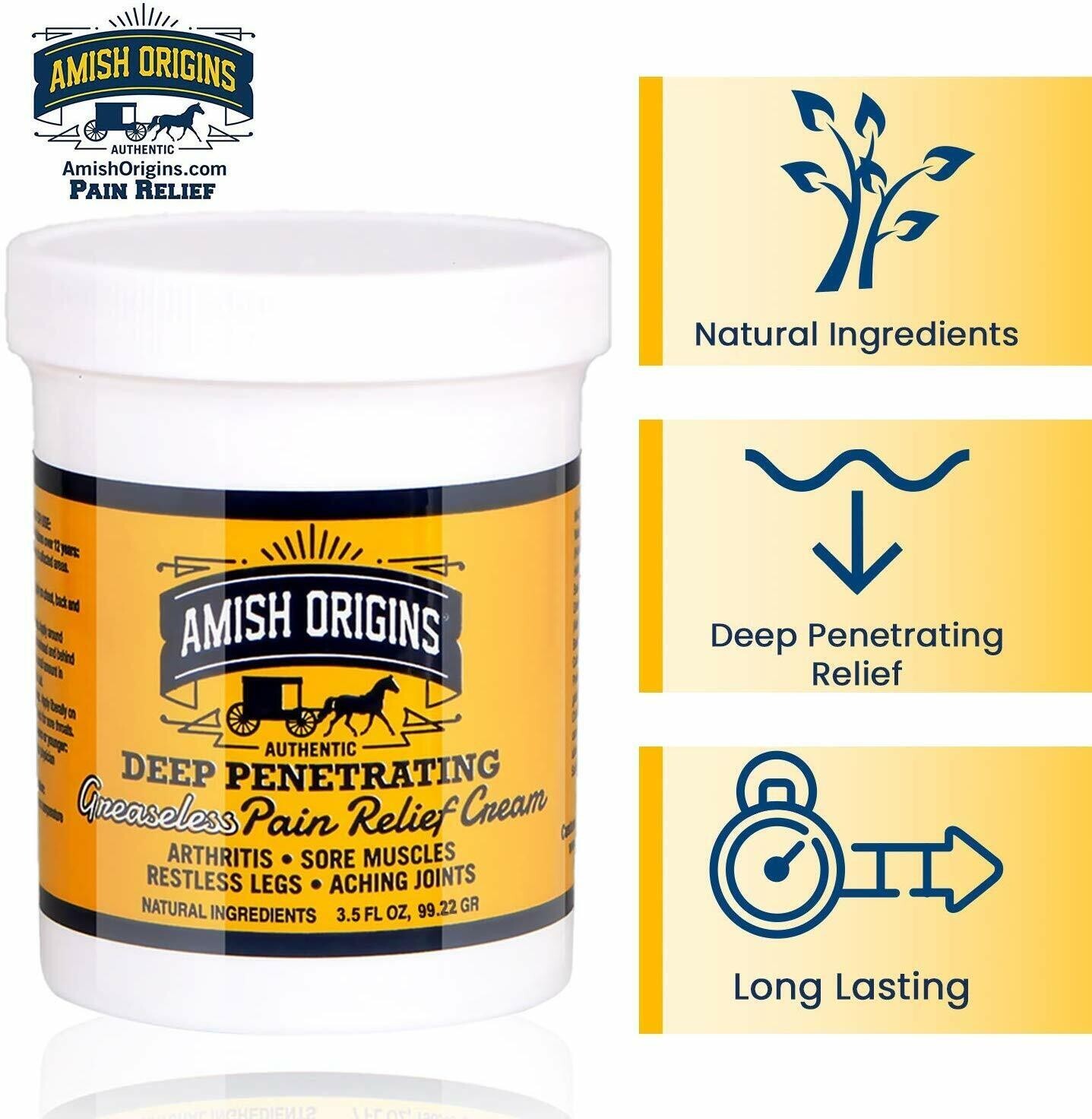 Amish Origins Deep Penetrating Pain Relief Cream Restless Legs Arthritis 3.5 oz