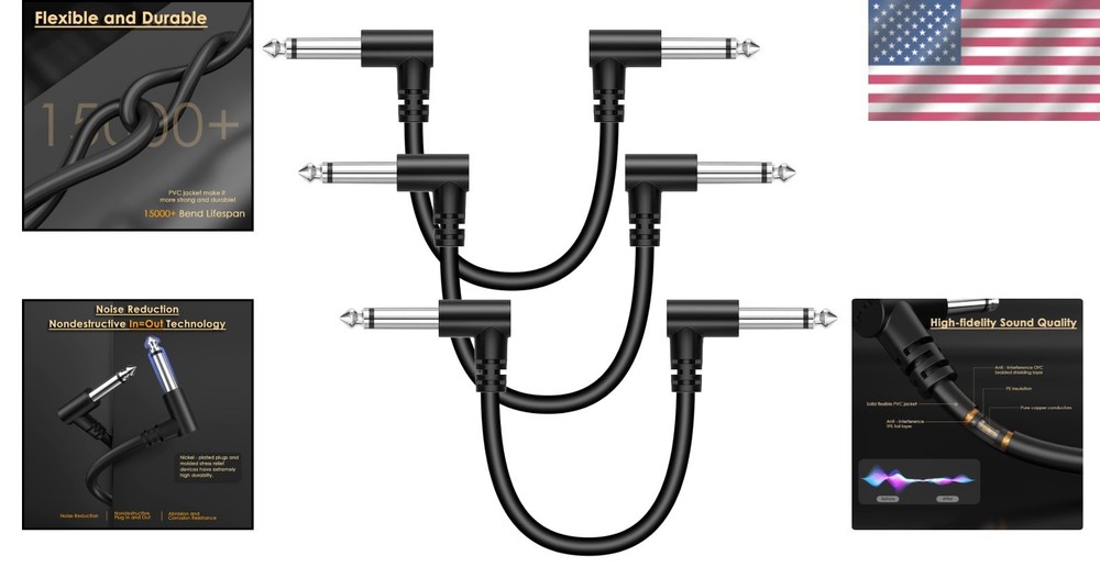 3 Pack 3 Inch Tangle-Free Black Guitar Pedal Patch Cable with Right Angle Ends
