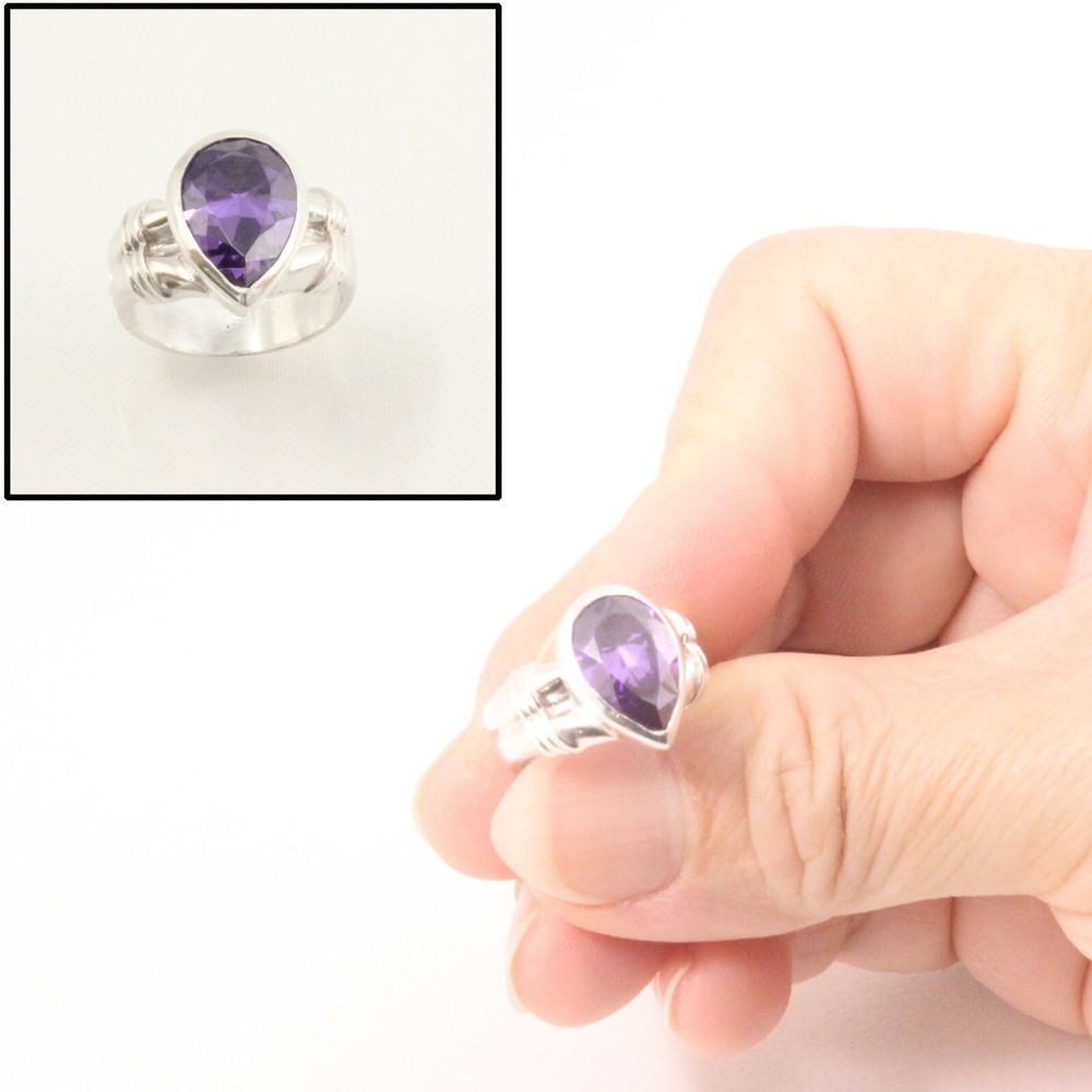 Sterling Silver Amethyst CZ Solitaire Ring (Pear Cut)