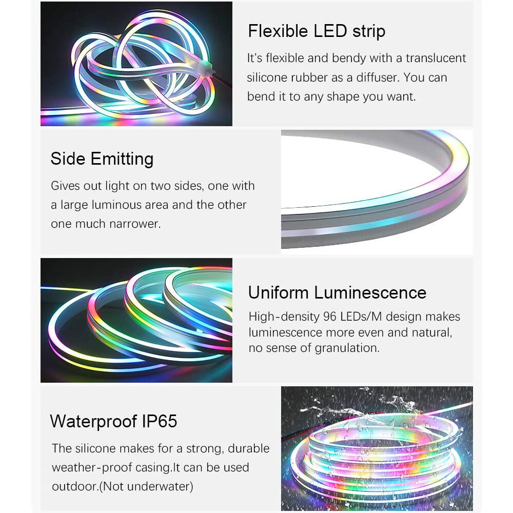 USB bluetooth app Neon LED Strip LIGHT RGBIC Dimmable Soft Rope Light WS2812B