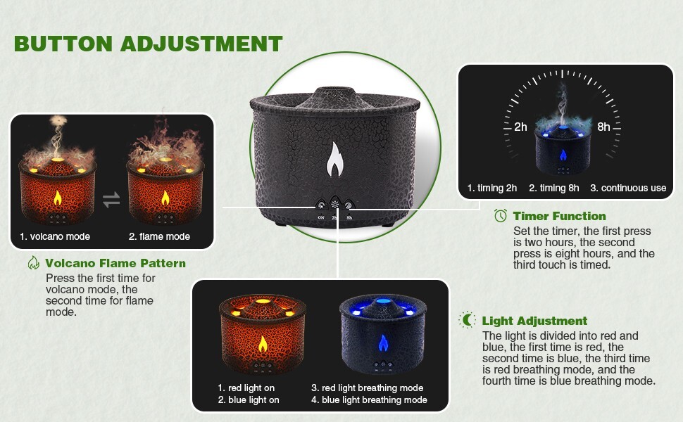 Essential Oil Volcano Diffuser / Humidifier 360ml 2 Setting Waterless Auto-Off