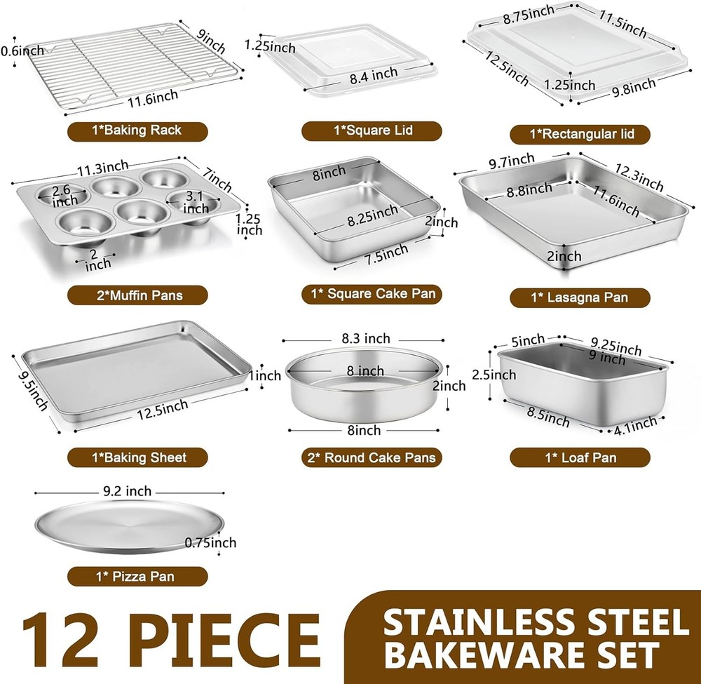 Stainless Steel Bakeware Set 12-Piece Kitchen Baking Pans Set Baking Sheet W/