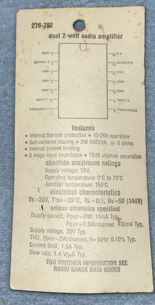 ARCHER ELECTRONICS 276-702 AUDIO AMPLIFIER.