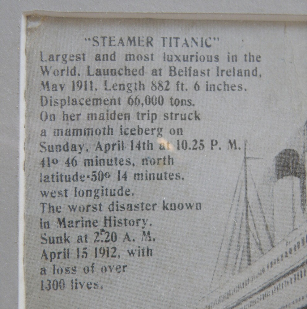 FRAMED VINTAGE TITANIC POSTCARD POSTMARKED 1918 WESTBROOK, ME, 2-sided frame