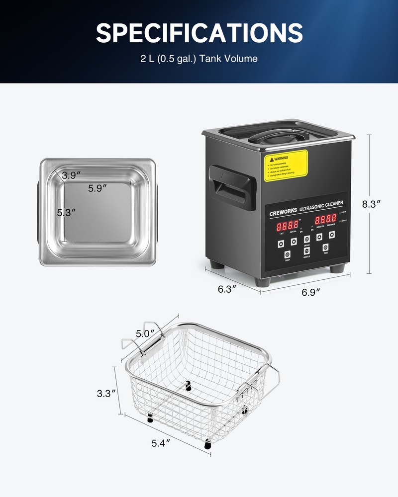 CREWORKS 2L Ultrasonic Cleaner Machine with 200W Heater and Digital Timer