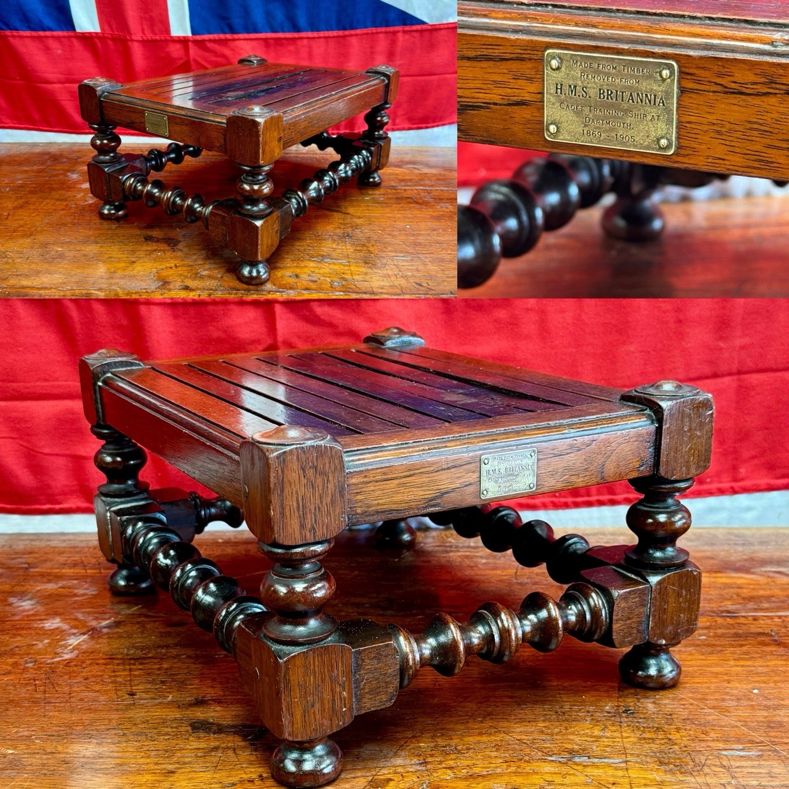 Handcrafted Royal Navy Footstool from Salvaged Timber off HMS Britannia