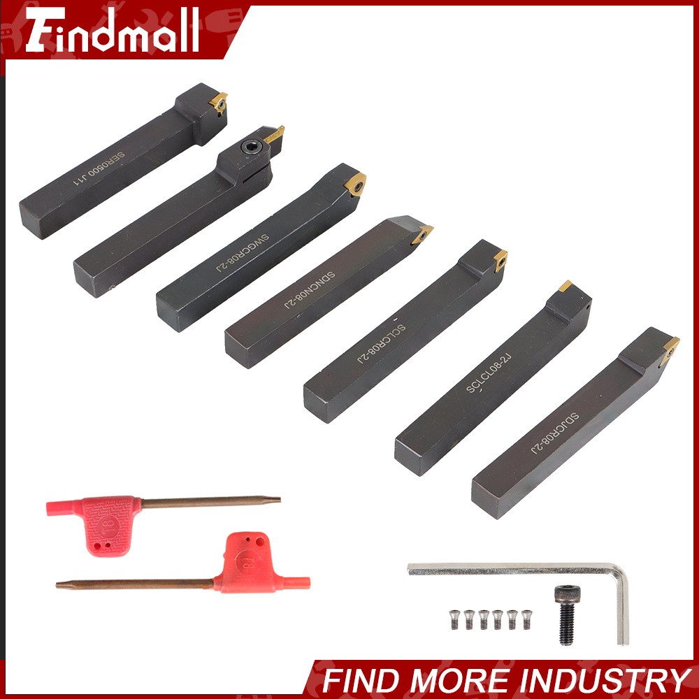 7Pcs 1/2" Lathe Tool Bit Thread Insert+Holder Set Carbide Indexable Turning Tool