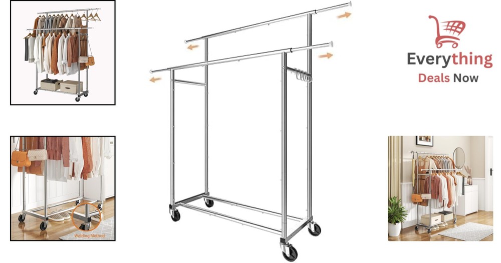 Double Rod Rolling Garment Rack Adjustable Clothes Hanging Organizer with Wheels