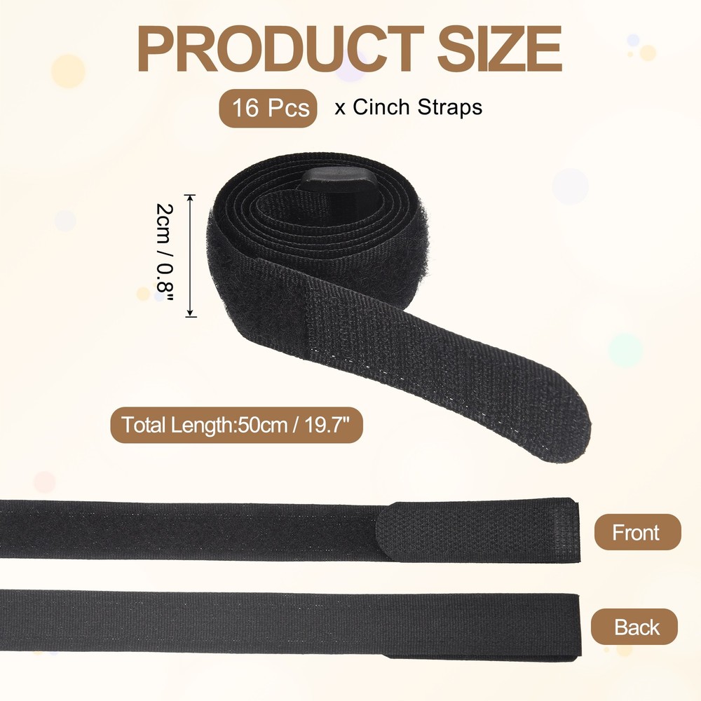 16pcs Reusable Cinch Straps 0.8"x19.7" Hook and Loop Cable Securing Strap, Black