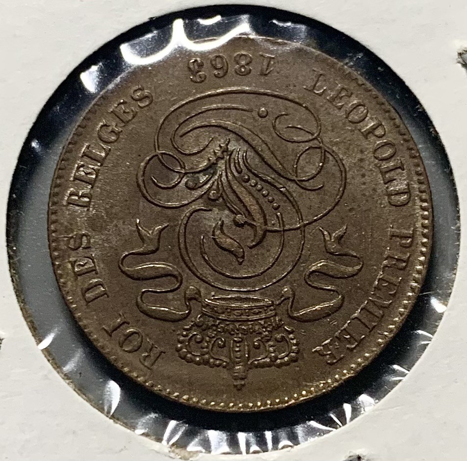 1863 Belgium 2 Centimes Lion Copper Coin