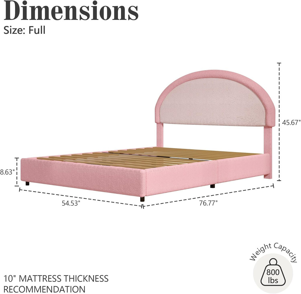 Full Size Bed Frame, Boucle Upholstered Platform Bed Frame with Headboard, Pink