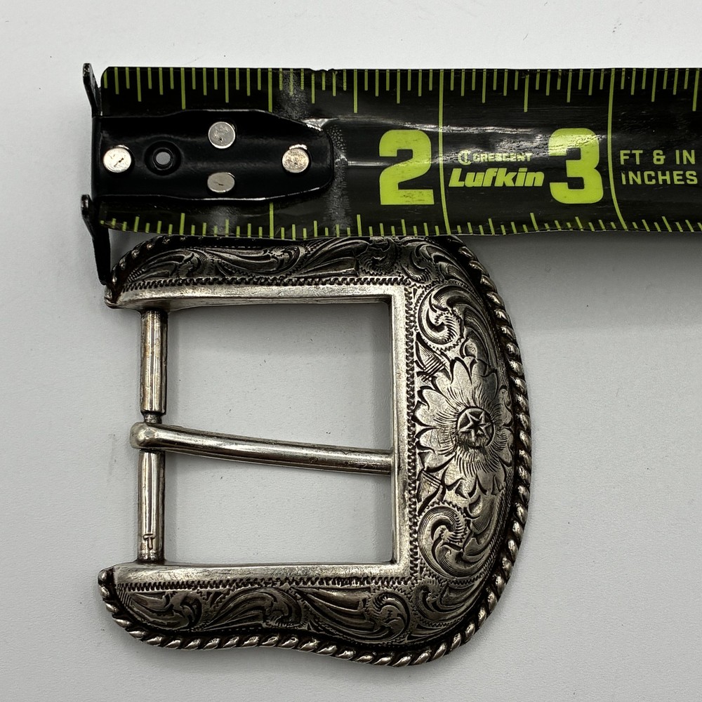 Vintage Western Silverplate Belt Buckle Engraved Floral Scroll Cowboy Rope Edge