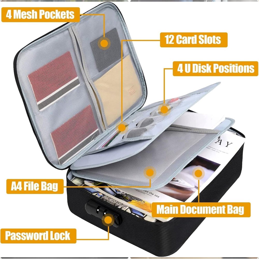 3-Layer Fireproof Document Box with Lock File Storage Box Waterproof Safe Bag US