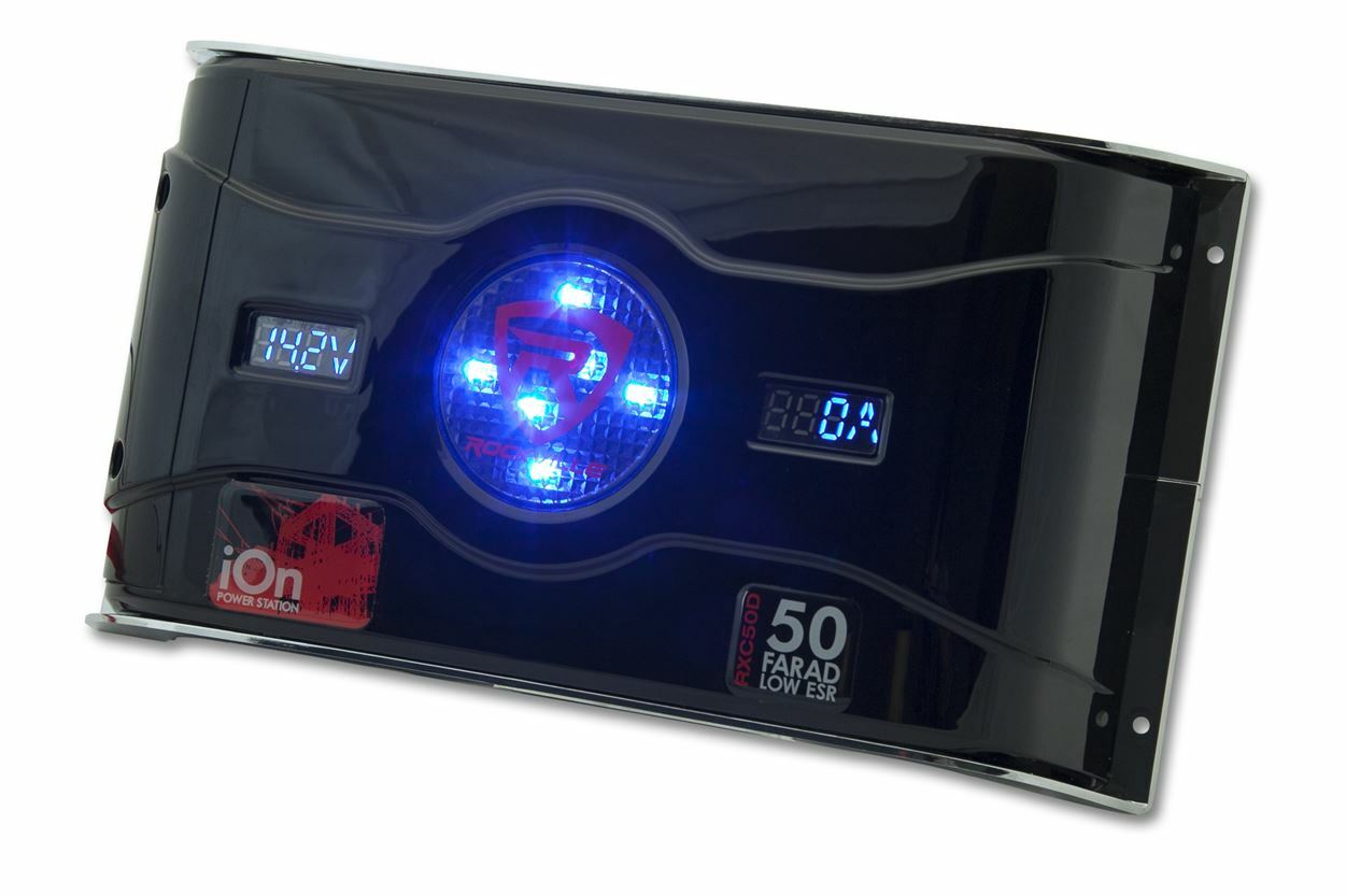 Rockville 50 Farad Hybrid LED Car Capacitor w/Dual Meters+0 Gauge Amp Wire Kit