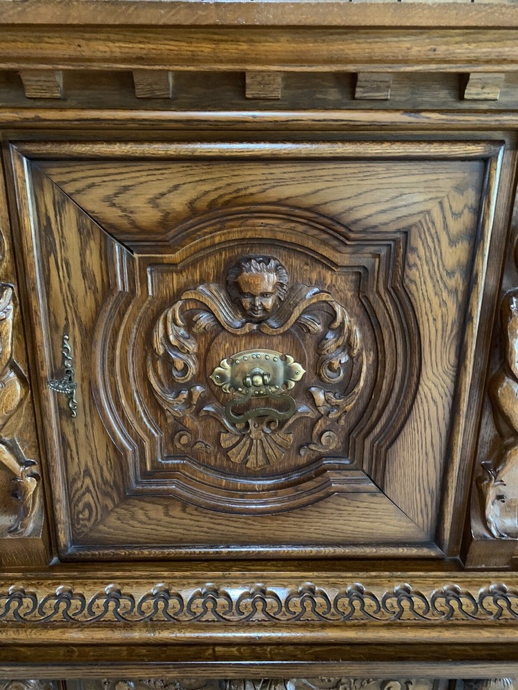 Antique Solid Oak French Gothic sideboard cabinet