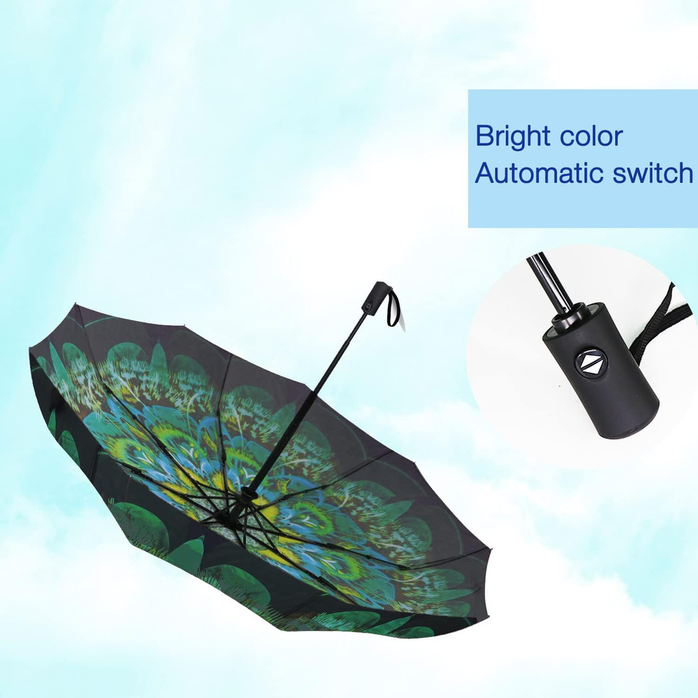 Windproof Compact Travel Umbrella – Automatic Folding (Green Peacock)