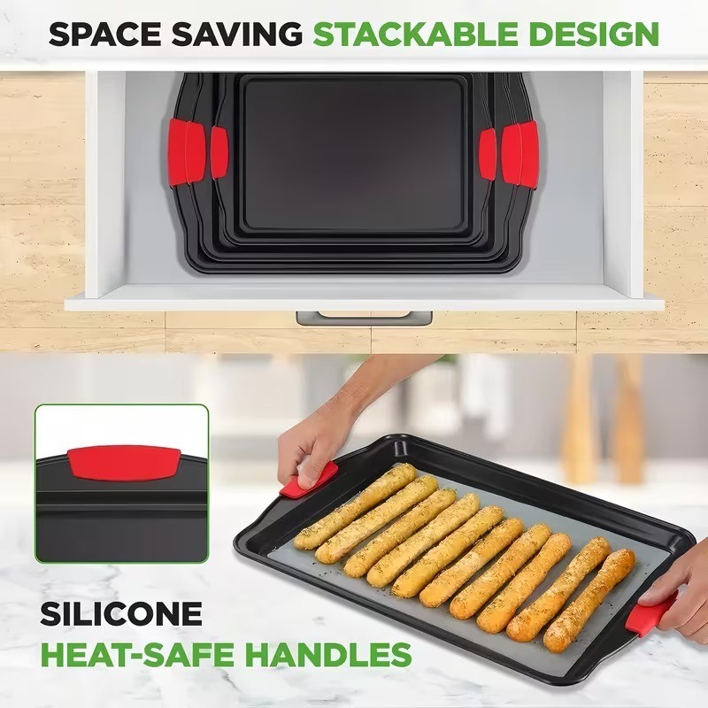 3PCS Kitchen Oven Baking Pans Nonstick Baking Sheets Set Metal Bakeware