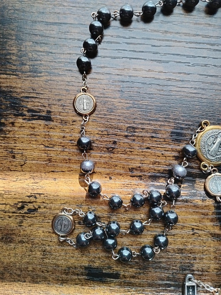 St Benedict Rosary Hematite Catholic Prayer Beads Mary