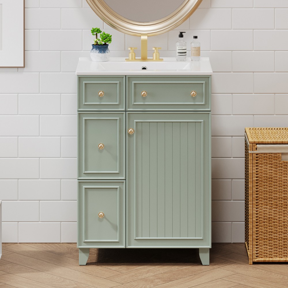 Bathroom Vanity with Ceramic Sink Features 2 Drawers and 1 Door