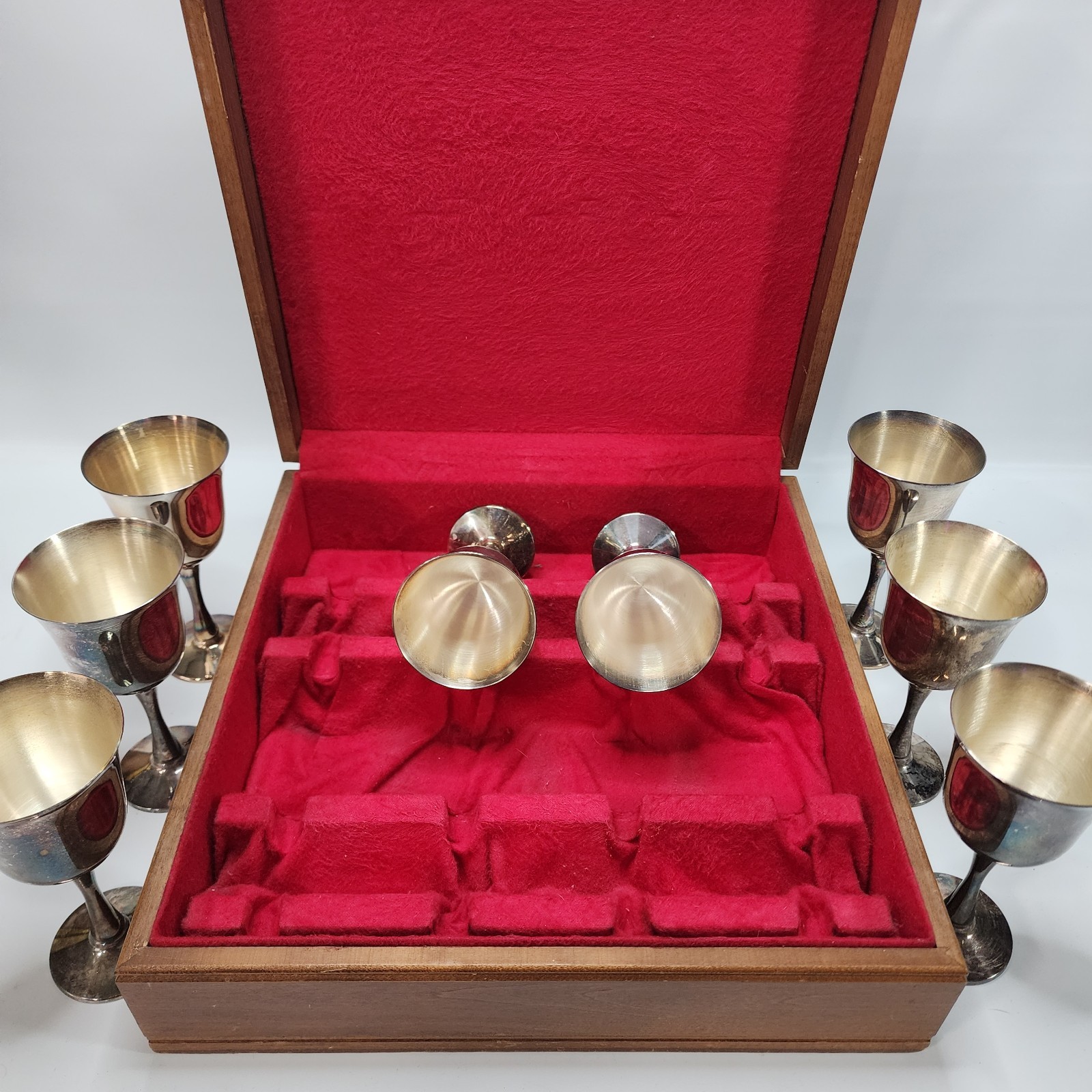 Set of 8 Vtg SALEM Portugal Silverplate water/wine Chalices/Goblets, 6.75" Case