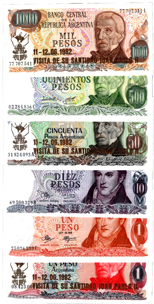 Argentina 6 Notes (1000-1 Pesos) 1982 UNC Set